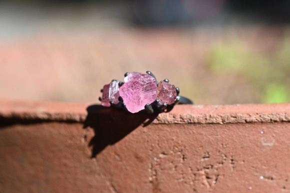 avello Jewelry - Pink tourmaline ring, size 4, black silver ring, raw stone ring, …